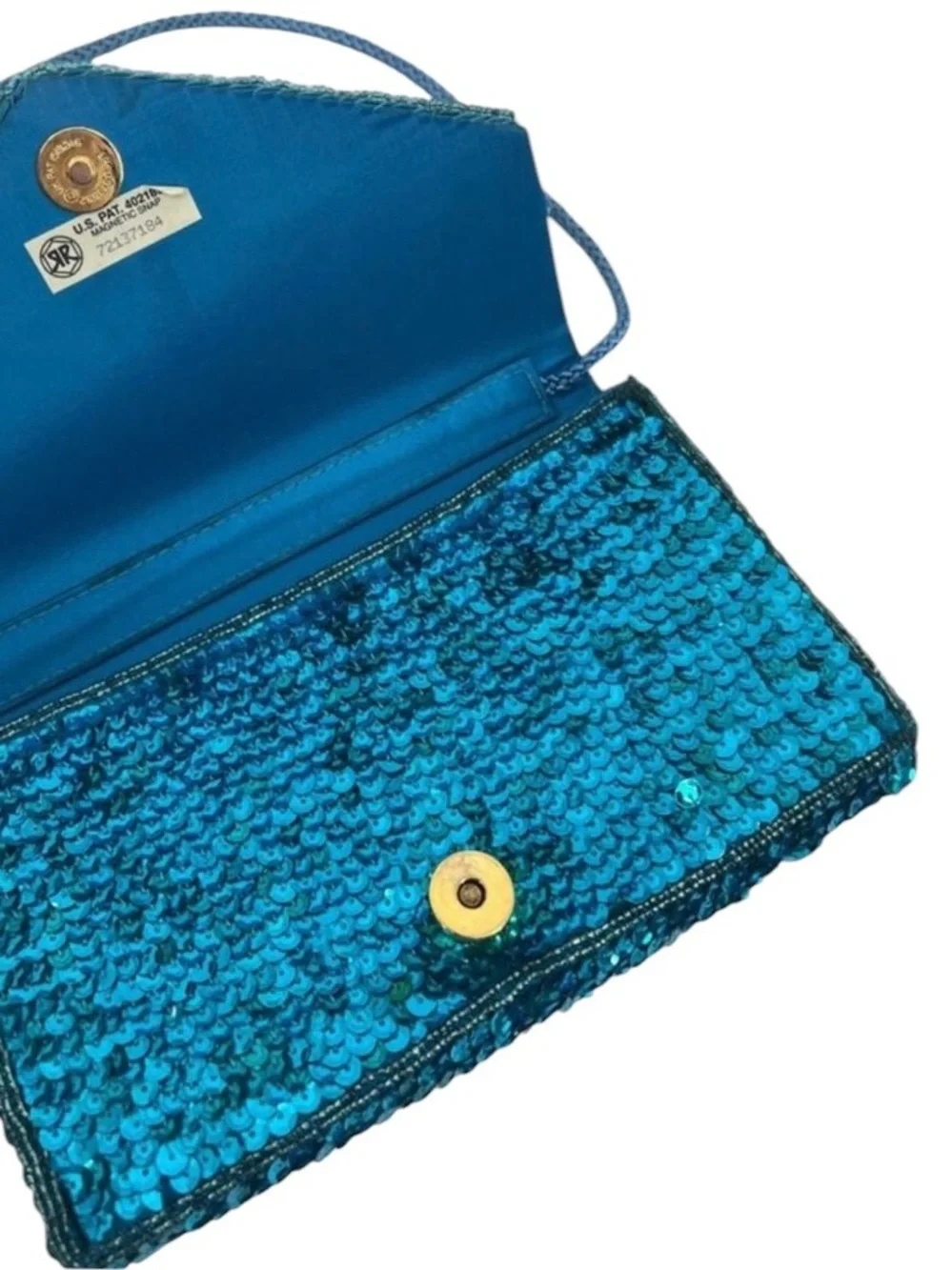 Vintage Teal Blue Sequin Beaded Envelope Clutch Crossbody Bag Floral Beadwork